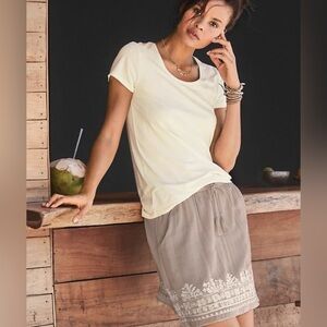 Garnet Hill 100% Organic Cotton Skirt in Taupe & Off-White Embroidery Size XL